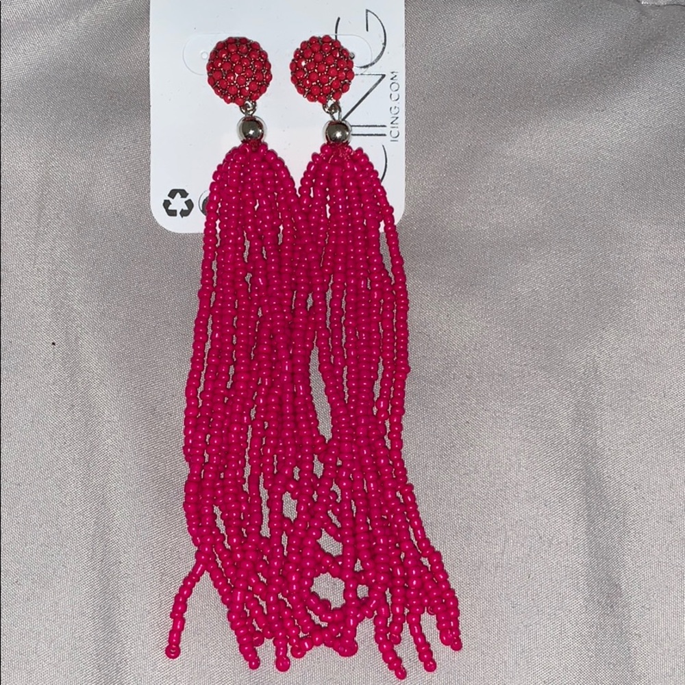 Bright pink beaded tassel earrings brand new!